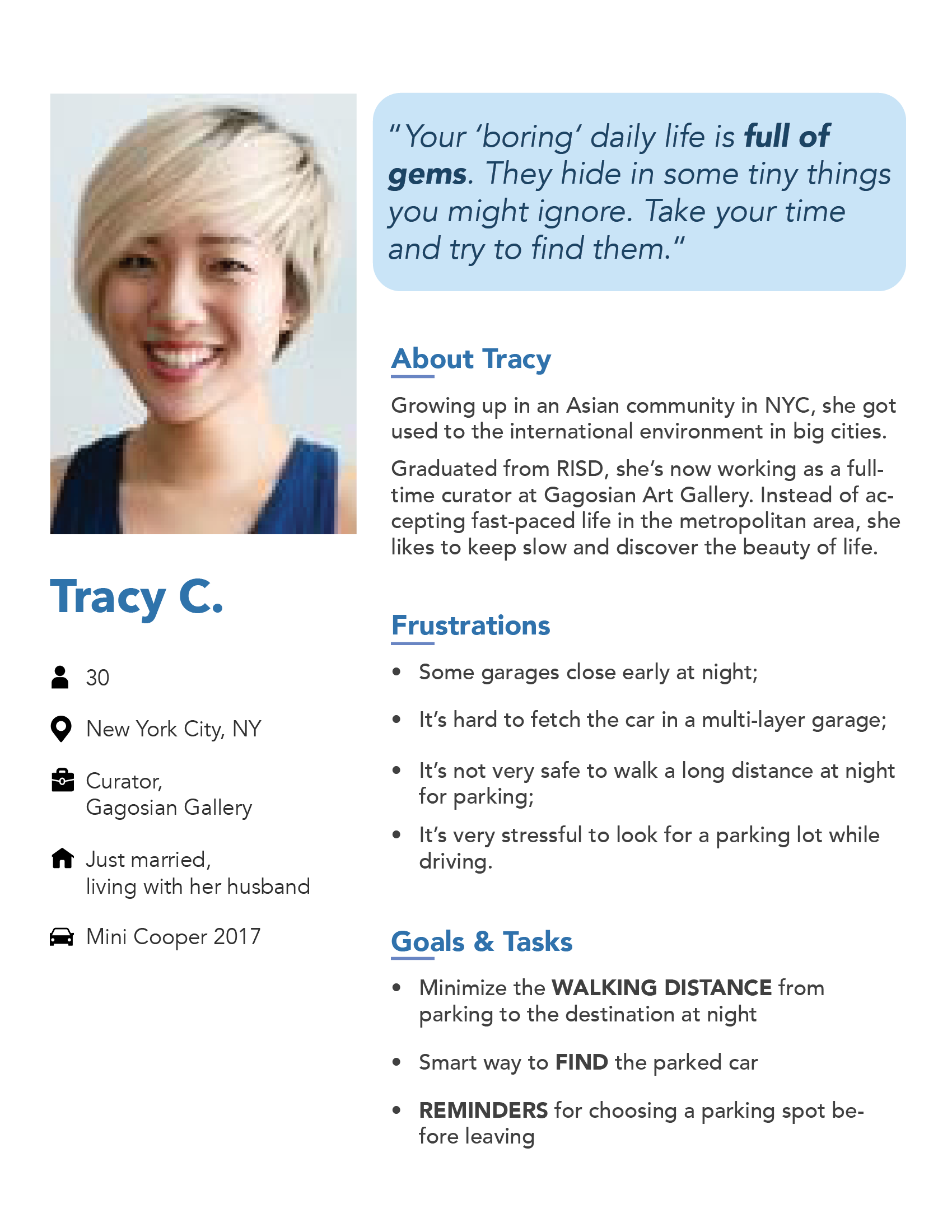 Tracy C. persona: background, parking frustrations, goals, and tasks