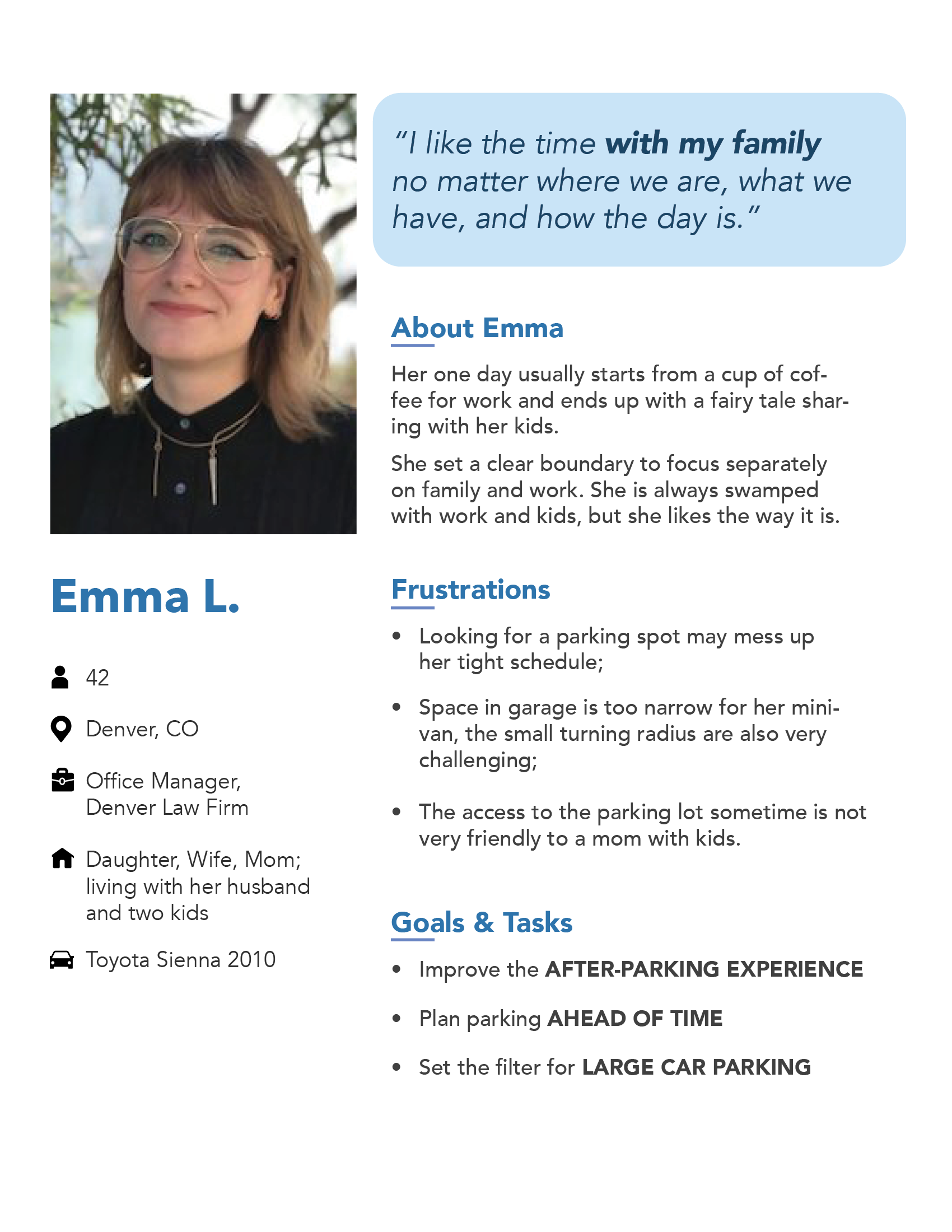 Emma L. persona: background, parking frustrations, goals, and tasks